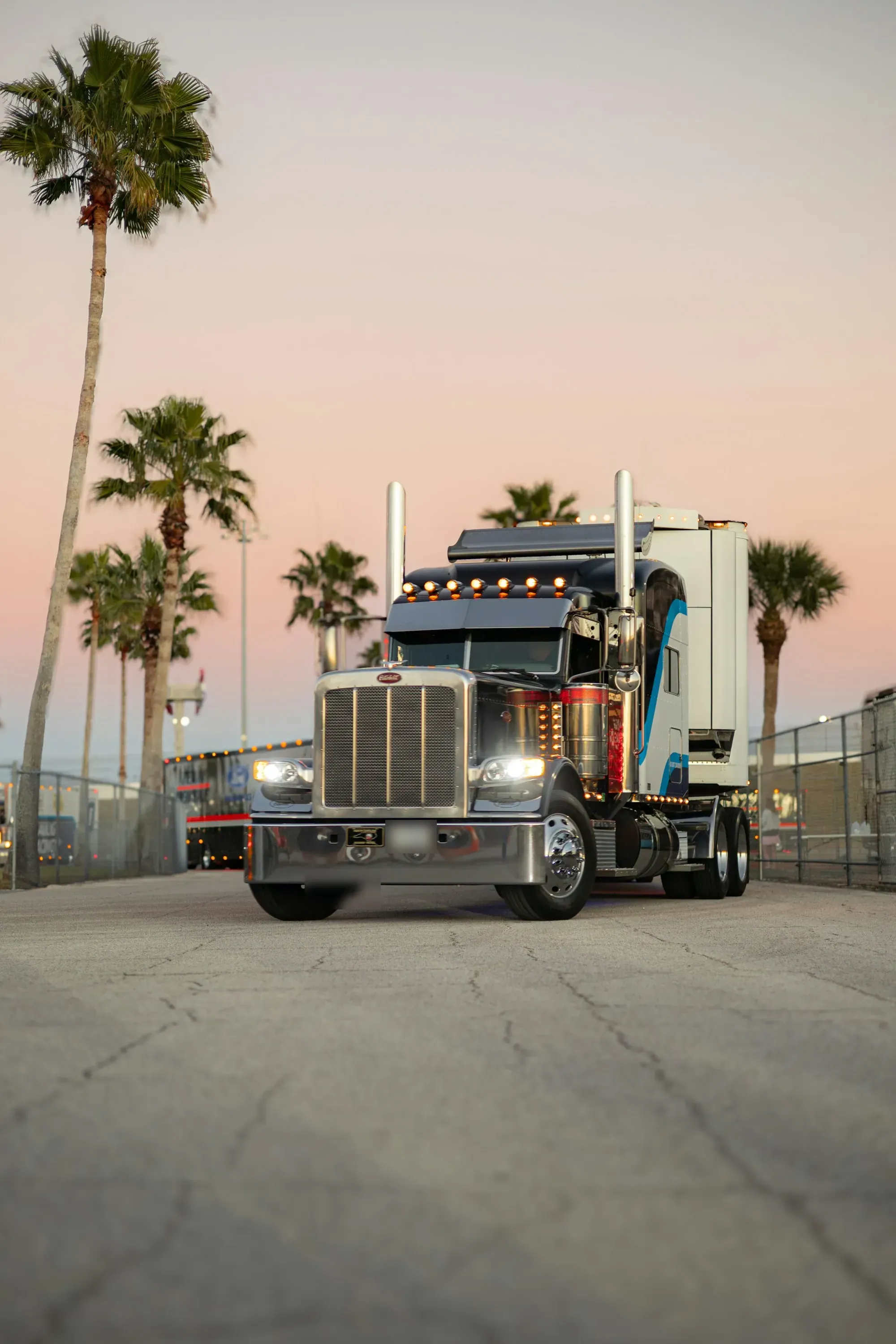 Chrome semi tractor parked under palm trees at dusk