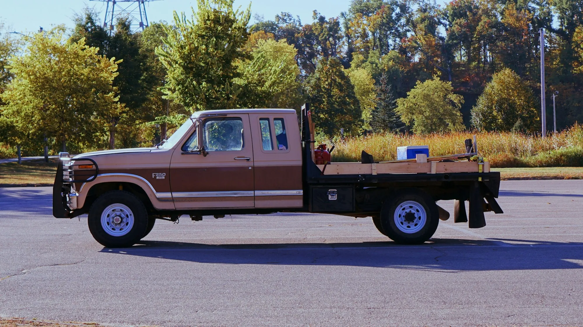 Brown flatbed pickup truck parked on a quiet tree-lined road